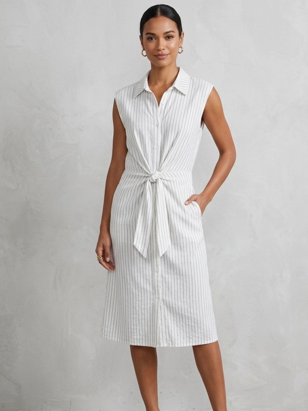 VICI Striped Tie Front Midi Shirt Dress Linen Cotton Blend Size Small
